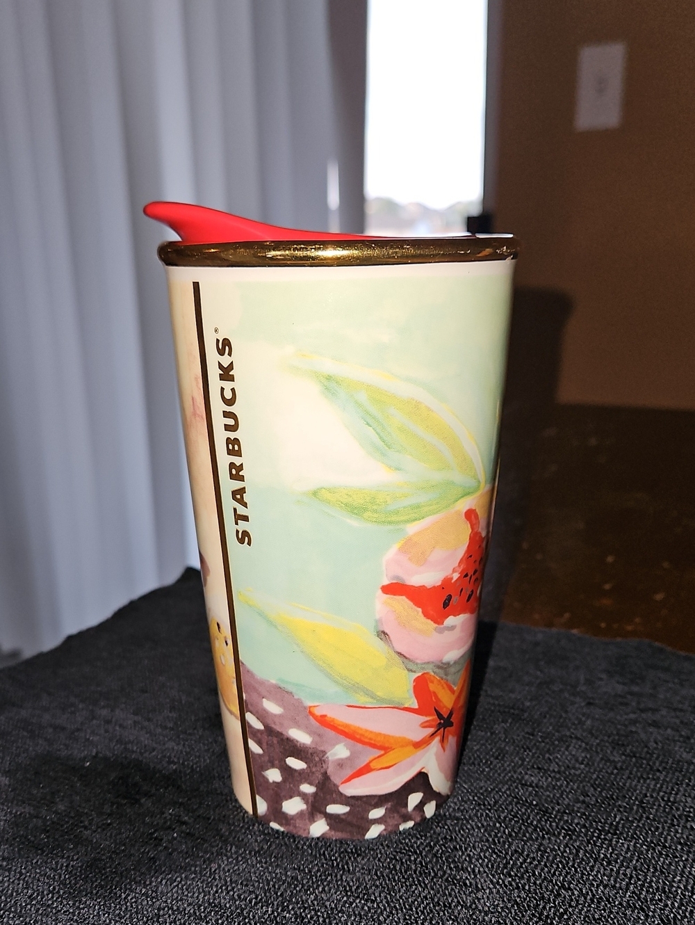 Starbucks Floral Ceramic Travel Tumbler - Mint & Red
